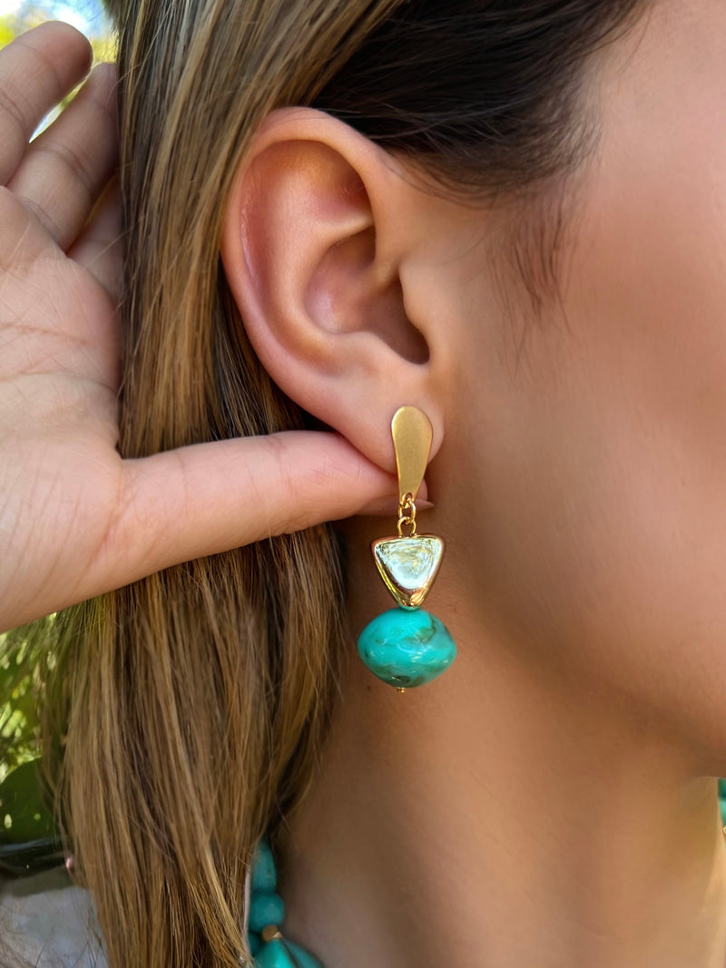 Brinco Metais Orgânicos E Pedra Acrílica Turquesa