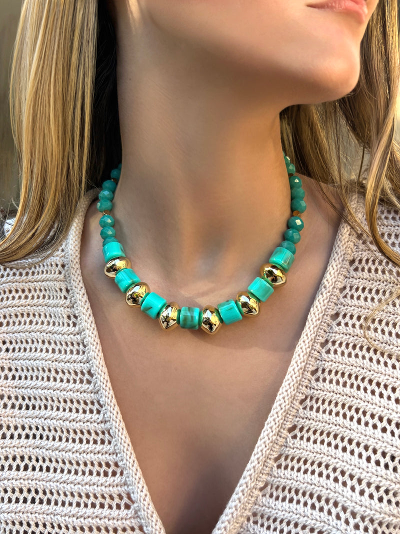 Colar Capri Discos E Pedras Acrílicas Turquesa 45cm