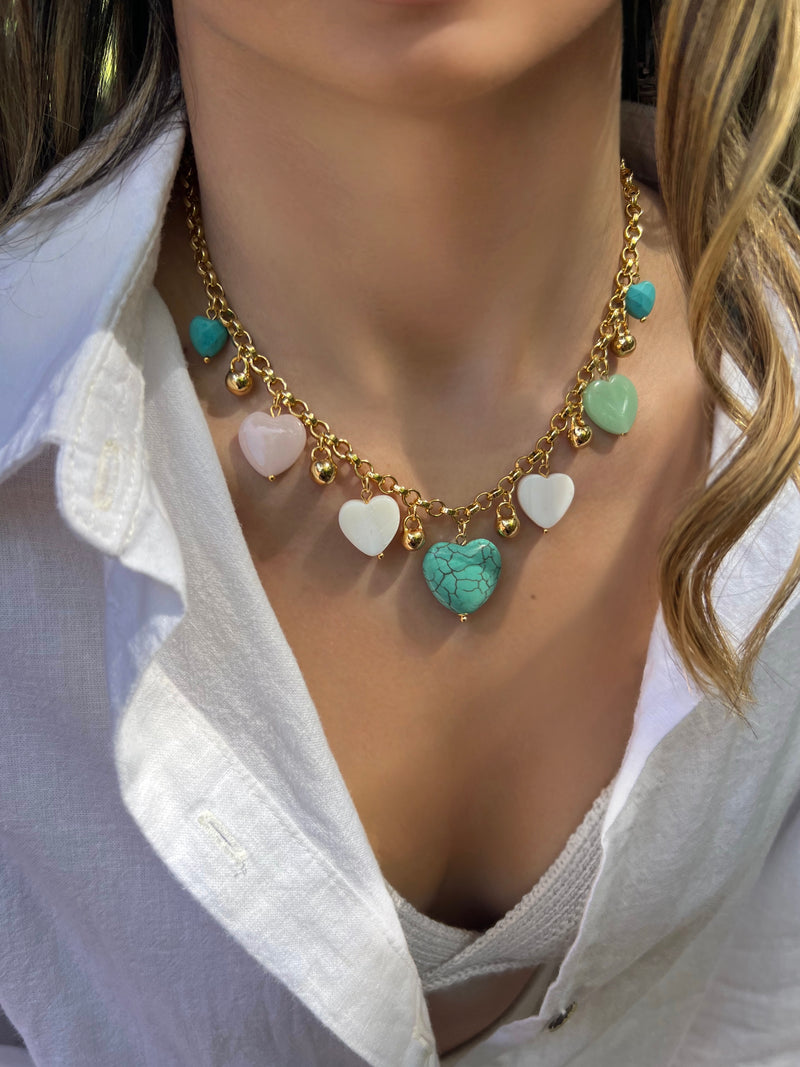 Colar Corrente Portuguesa Leve Com Corações Madrepérola E Pedra Turquesa Natural 45cm