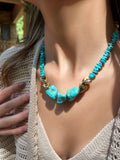 Colar Cascalho Turquesa Com Três Pedras Turquesas Naturais 50cm