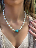 Colar Pérolas Barrocas Acrílicas Com Pedra Turquesa Natural 45cm