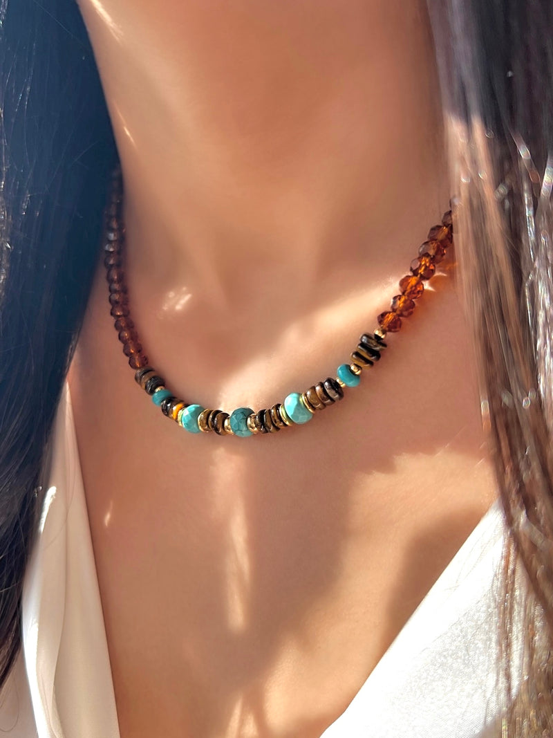 Colar Cristais Olho De Tigre E Turquesa 40cm