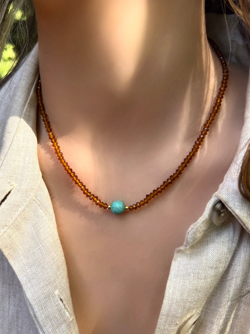 Colar Cristais Marrom Com Bola Turquesa Natural 42cm