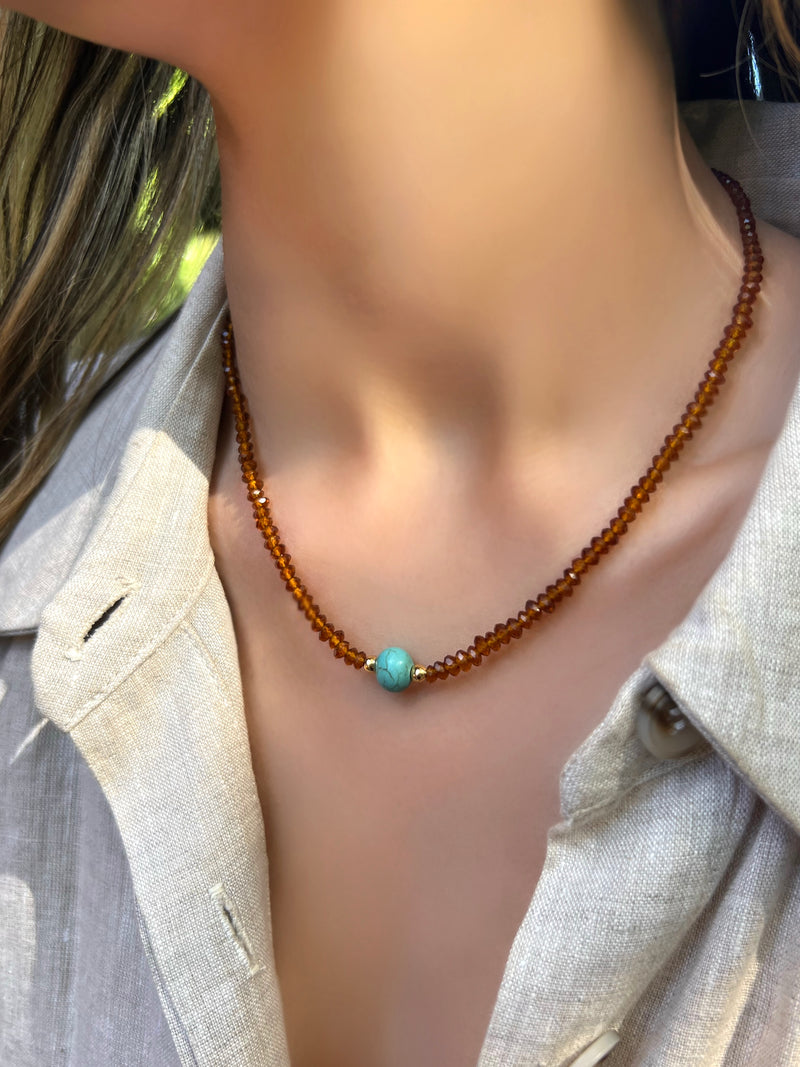 Colar Cristais Marrom Com Bola Turquesa Natural 42cm