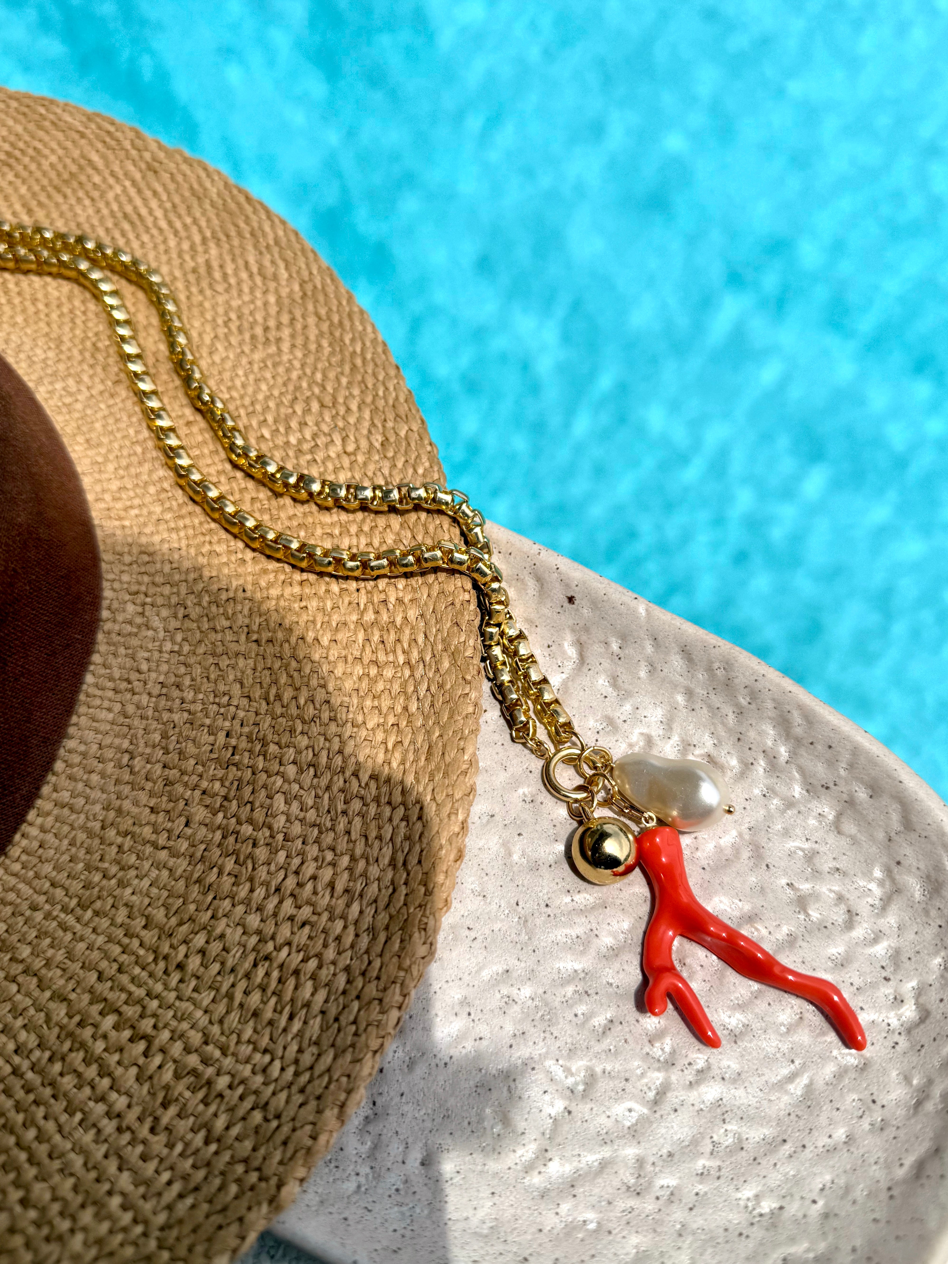Colar Linha Mar Corrente Veneziana Leve Longa Com Alga Coral e Pérola Acrílica 70cm