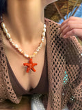 Colar Estrela Do Mar Coral Com Cascalhos Mescla Madrepérola E Pérolas Barrocas Acrílicas 45cm