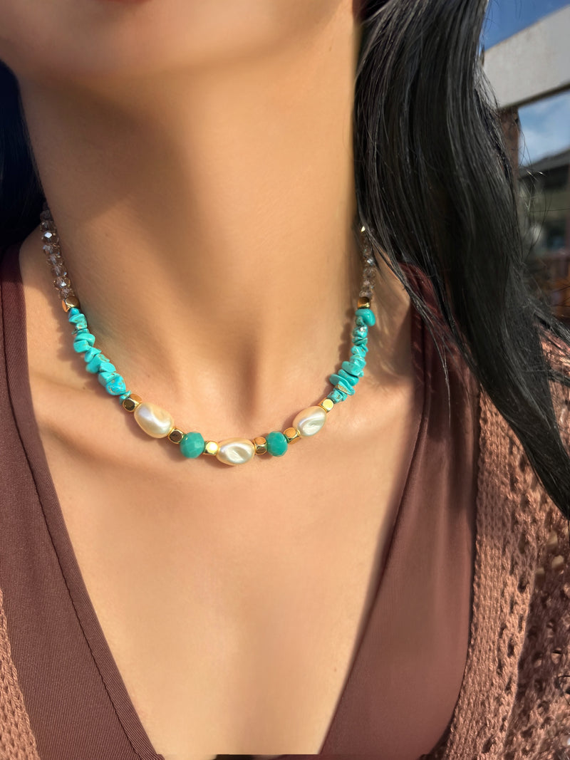 Colar Cascalhos Turquesa E Hematitas Com Pérola Acrílica 40cm
