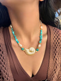 Colar Linha Mar Caracol Pérola e Cascalhos Turquesa 45cm
