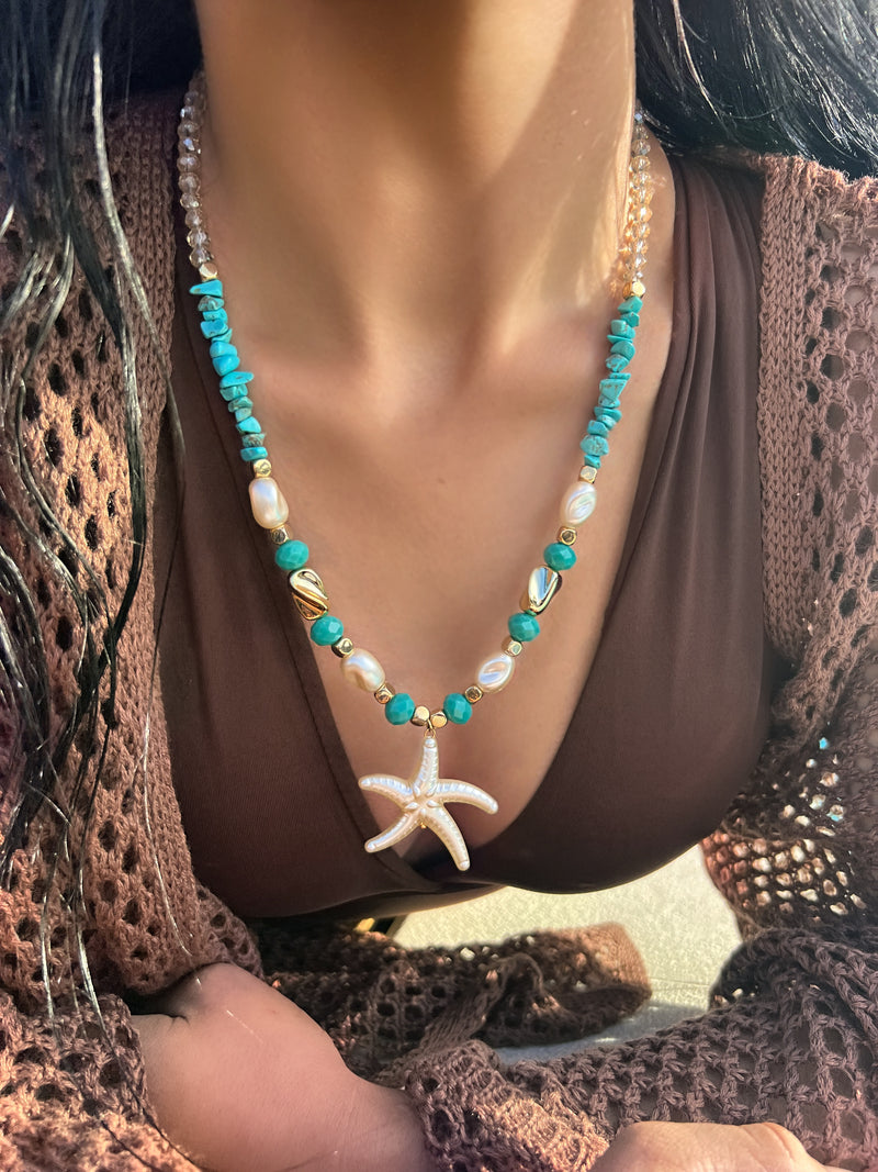 Colar Com Estrela Pérola E Hematitas Com Cascalhos Turquesa 55cm