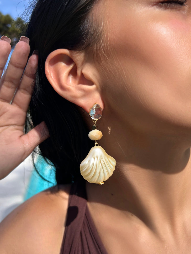 Brinco Gota Cristal Com Concha Pérola E Hematitas