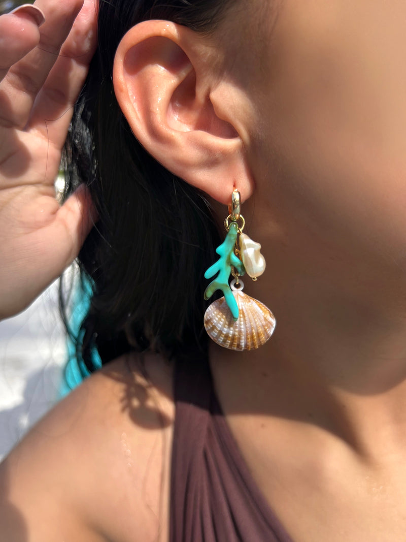 Brinco Argola Concha Com Alga Turquesa E Pérola Barroca Acrílica