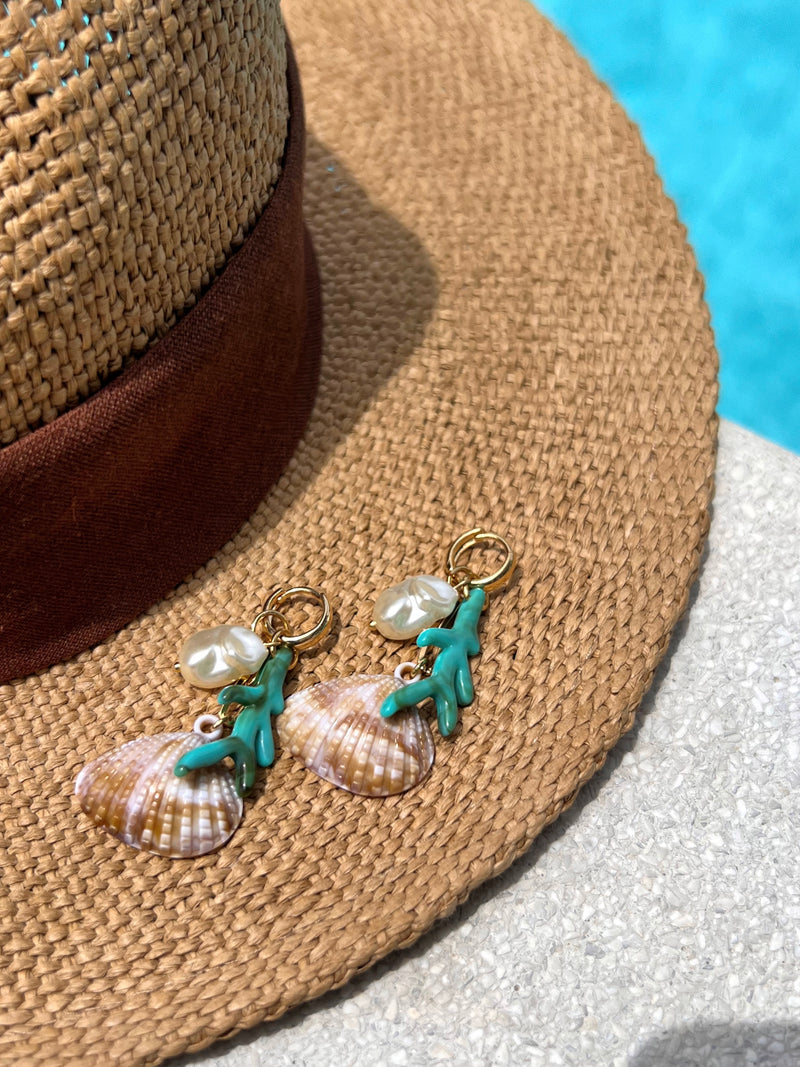 Brinco Argola Concha Com Alga Turquesa E Pérola Barroca Acrílica