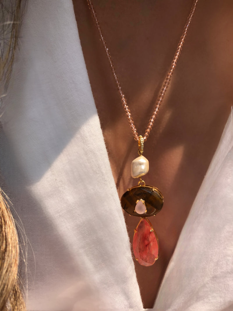 Gravata Stela Com Pedra Natural Olho De Tigre 60cm