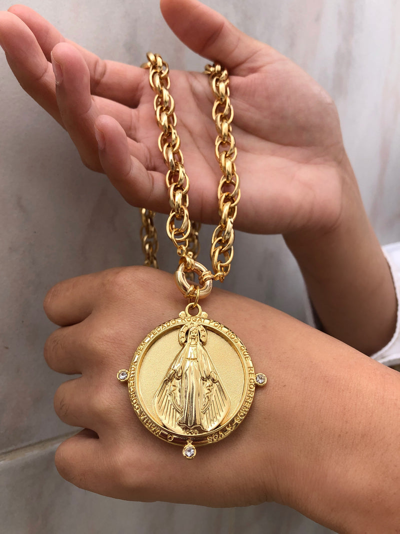 Colar Corrente Torcida Pingente Grande Nossa Senhora Das Graças 50cm