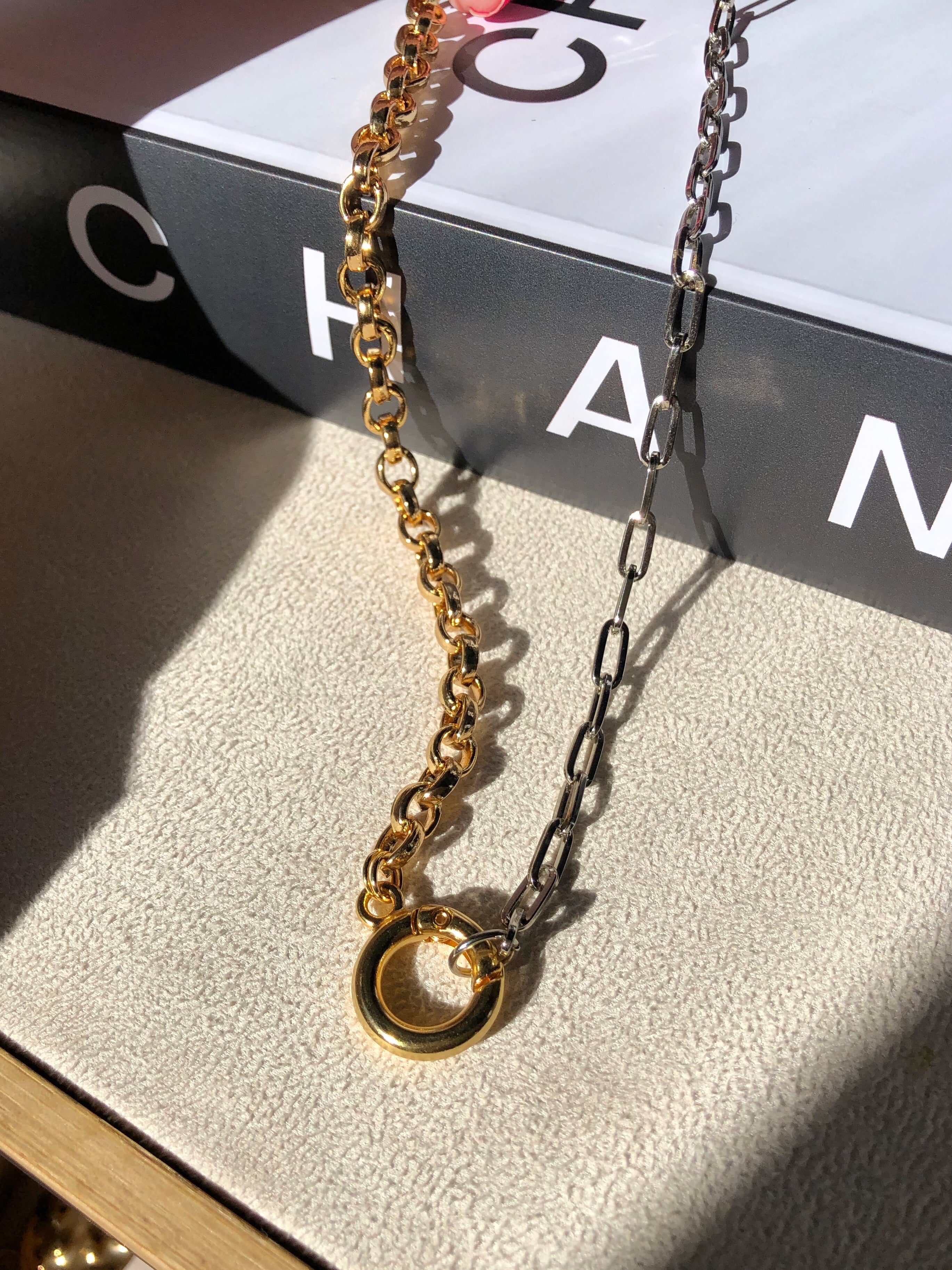 Colar Duo Corrente Portuguesa E Elos Fina RB E Ouro 45cm
