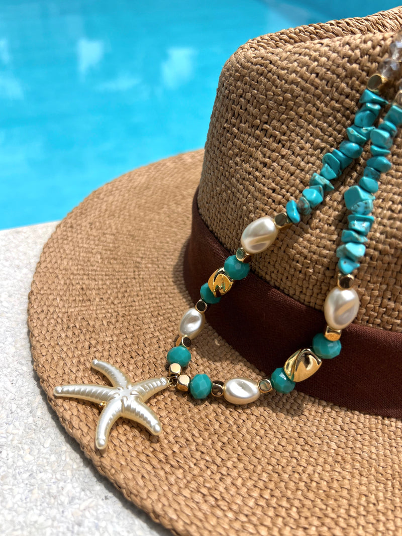 Colar Com Estrela Pérola E Hematitas Com Cascalhos Turquesa 55cm