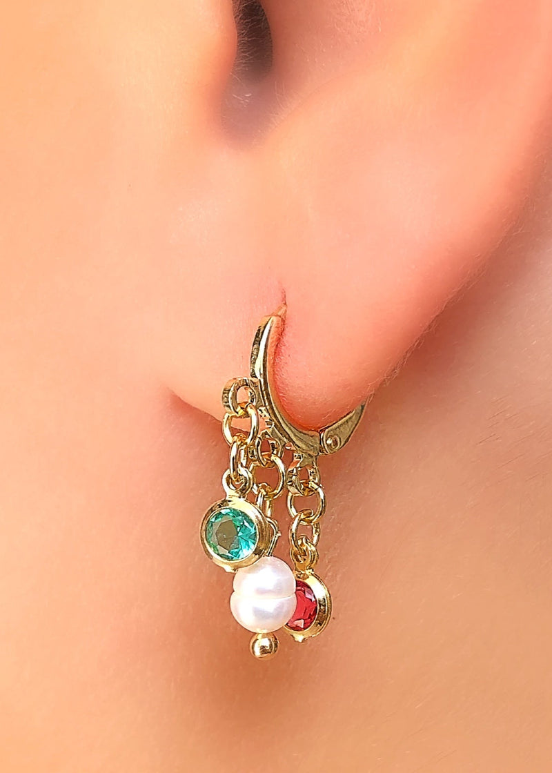 Par De Brincos Argola Com Zircônias Coloridas E Pérola Água Doce