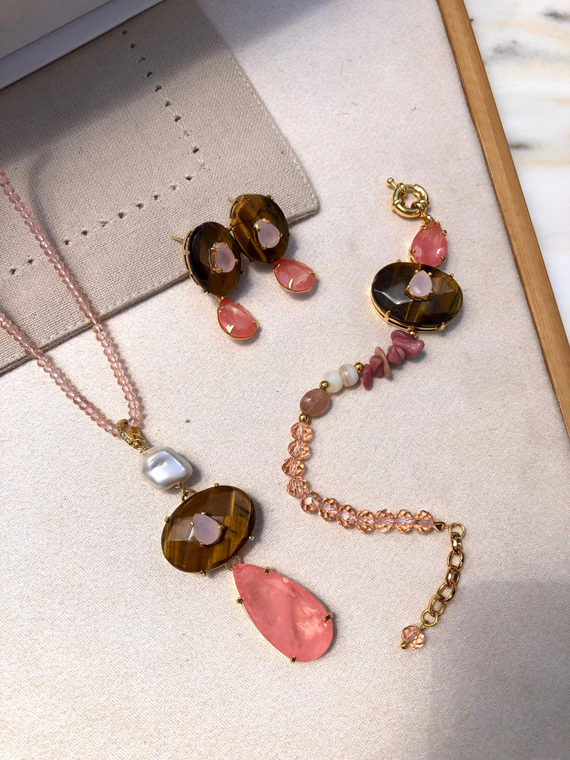 Conjunto De Três Peças Stela Com Pedra Natural Olho De Tigre