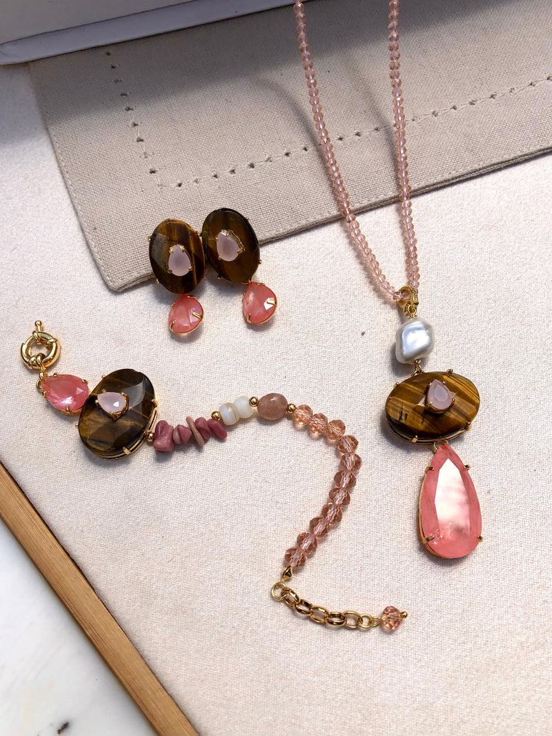 Conjunto De Três Peças Stela Com Pedra Natural Olho De Tigre