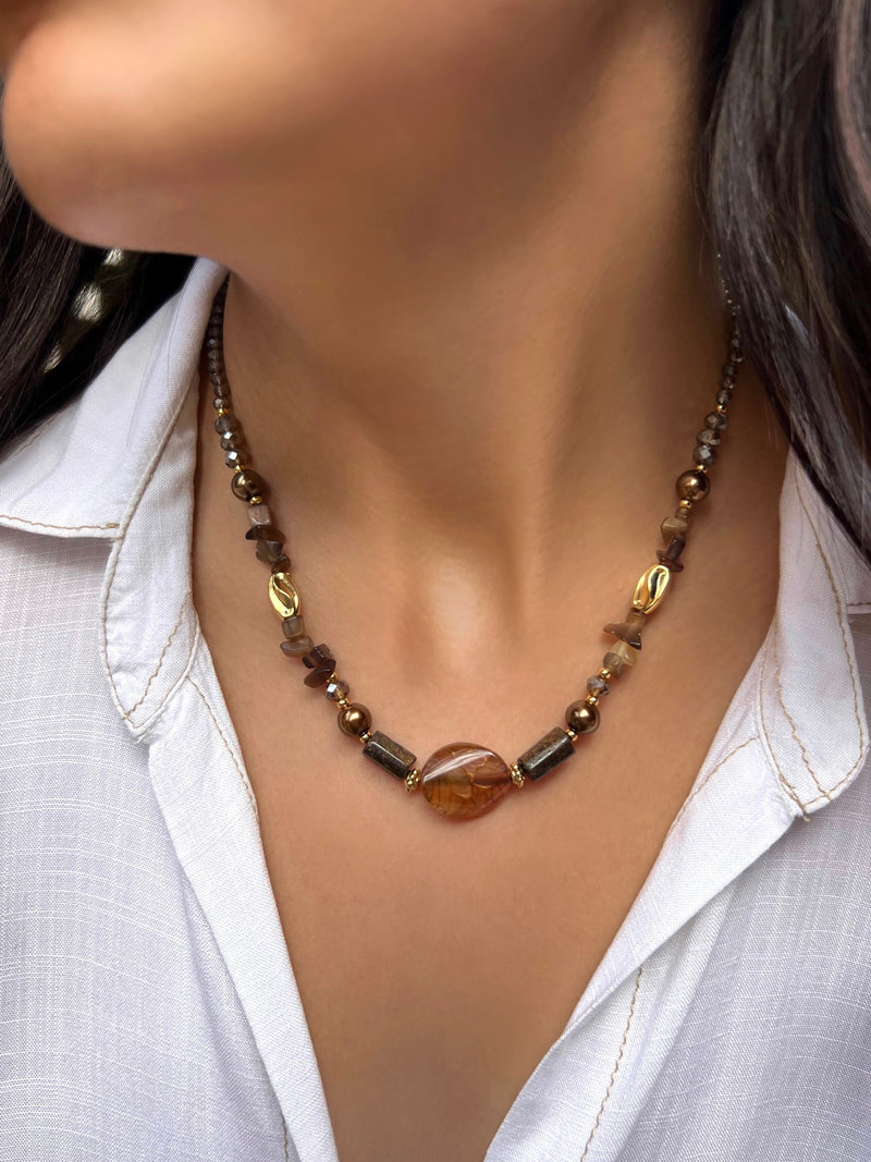 Colar Pedra Natural Ágata Marrom 45cm