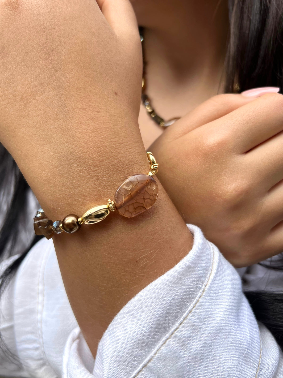 Pulseira Pedra Natural Ágata Marrom e Fecho Bóia 20cm