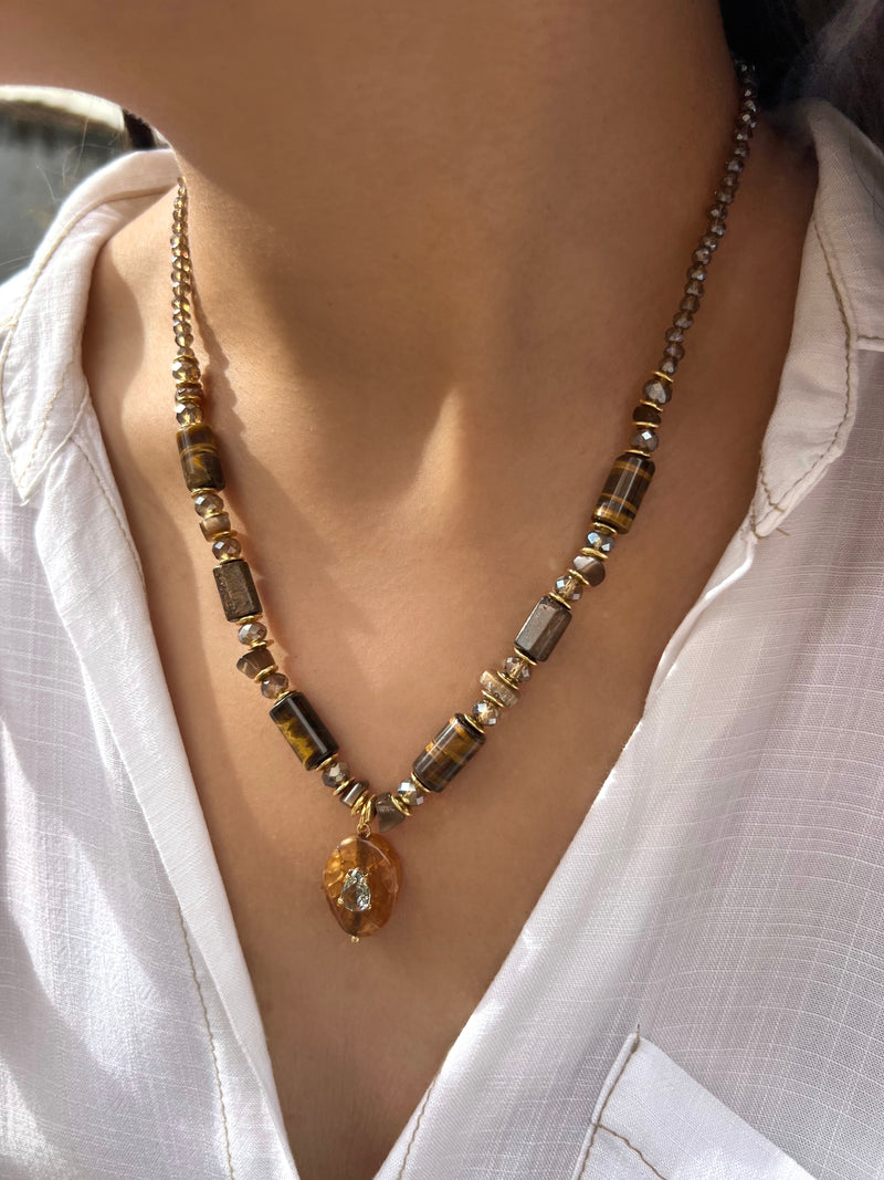 Colar Pedra Natural Ágata Marrom e Olho De Tigre 50cm