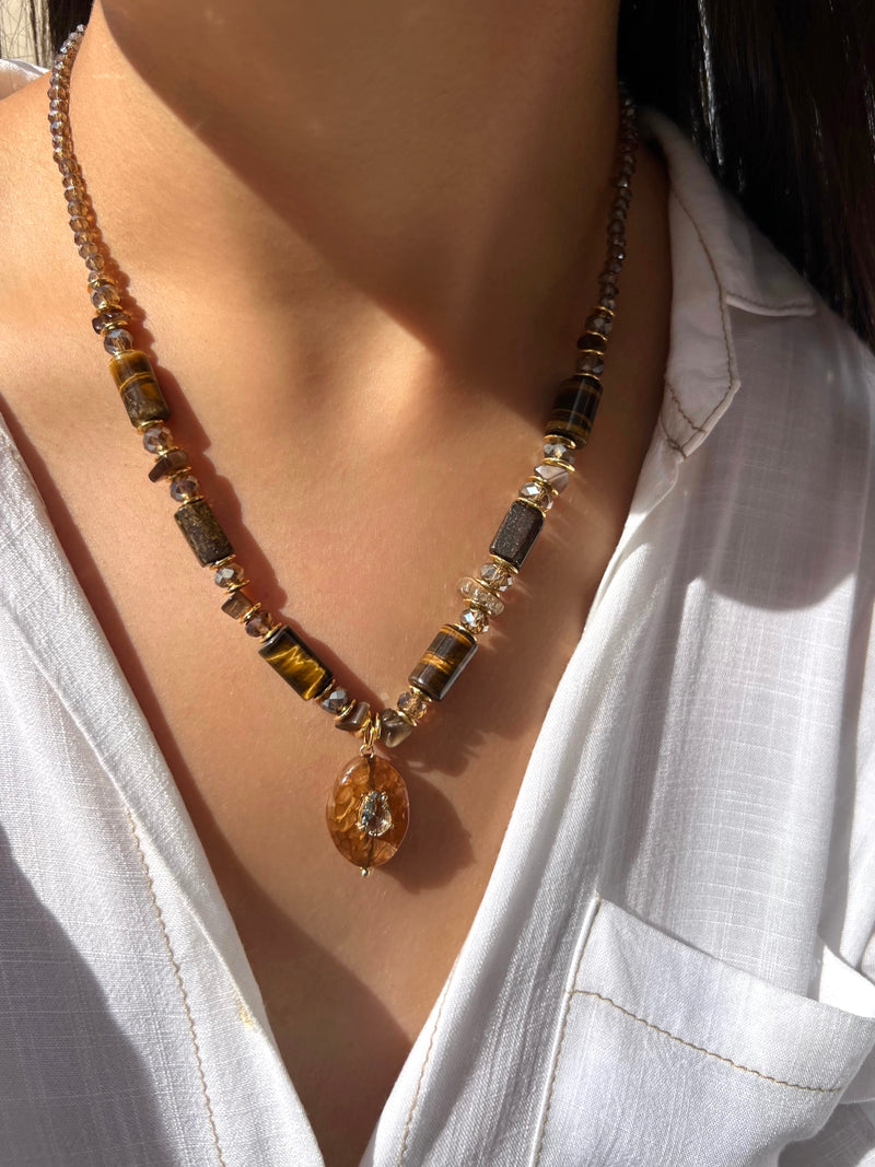 Colar Pedra Natural Ágata Marrom e Olho De Tigre 50cm