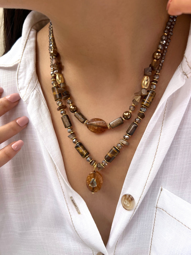 Mix De Dois Colares Pedra Natural Ágata Marrom E Olho De Tigre