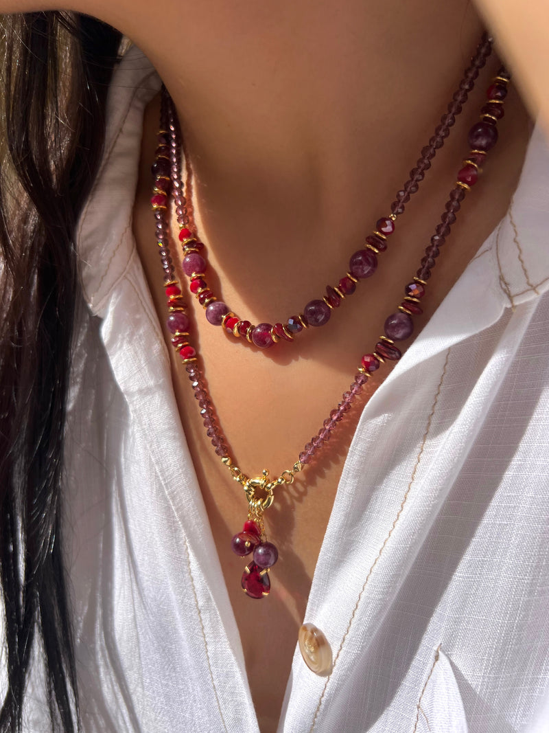 Mix Colares Pedras Naturais E Cachos Cor Vermelho