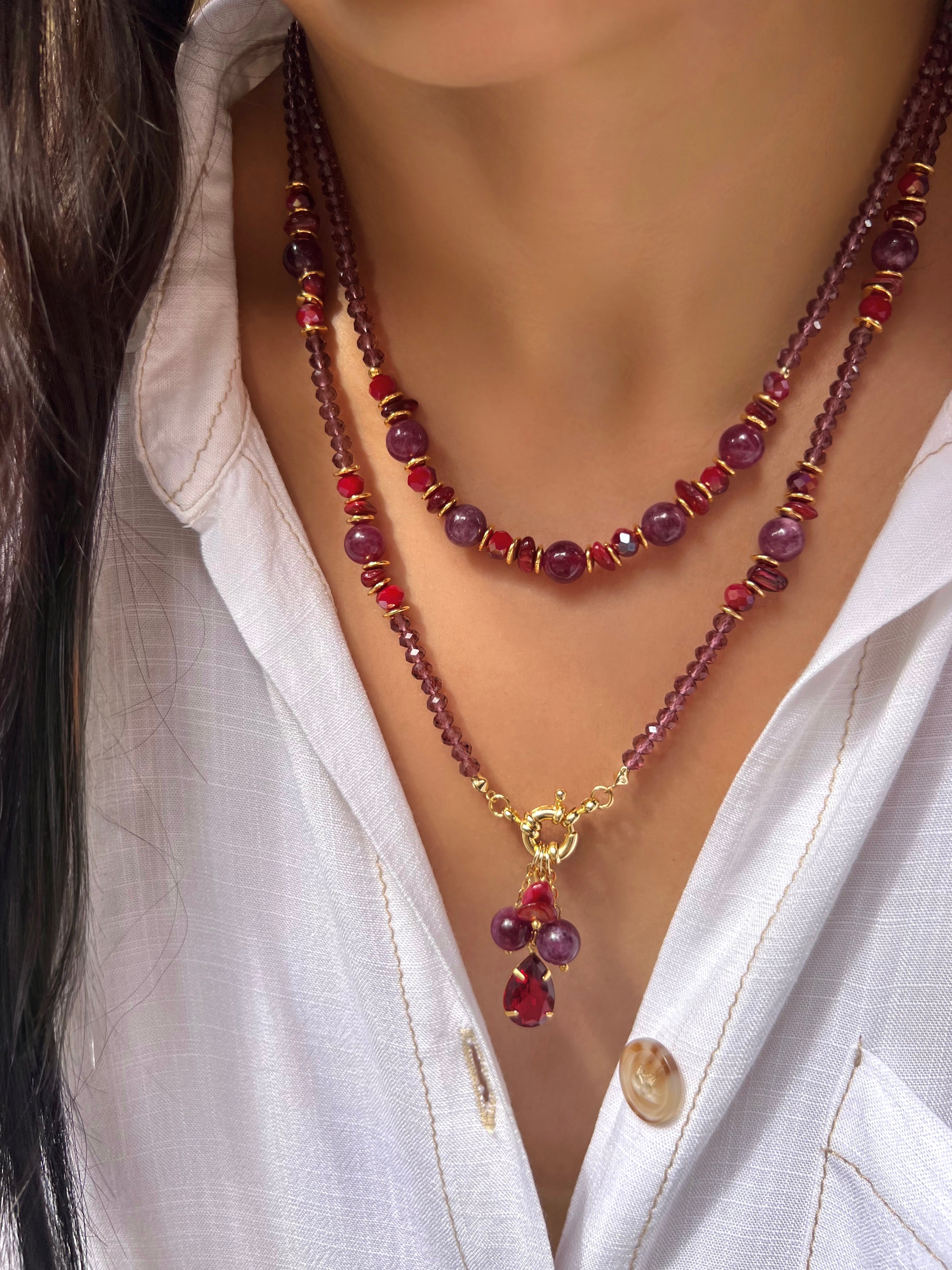 Mix Colares Pedras Naturais e Cachos Cor Vermelho
