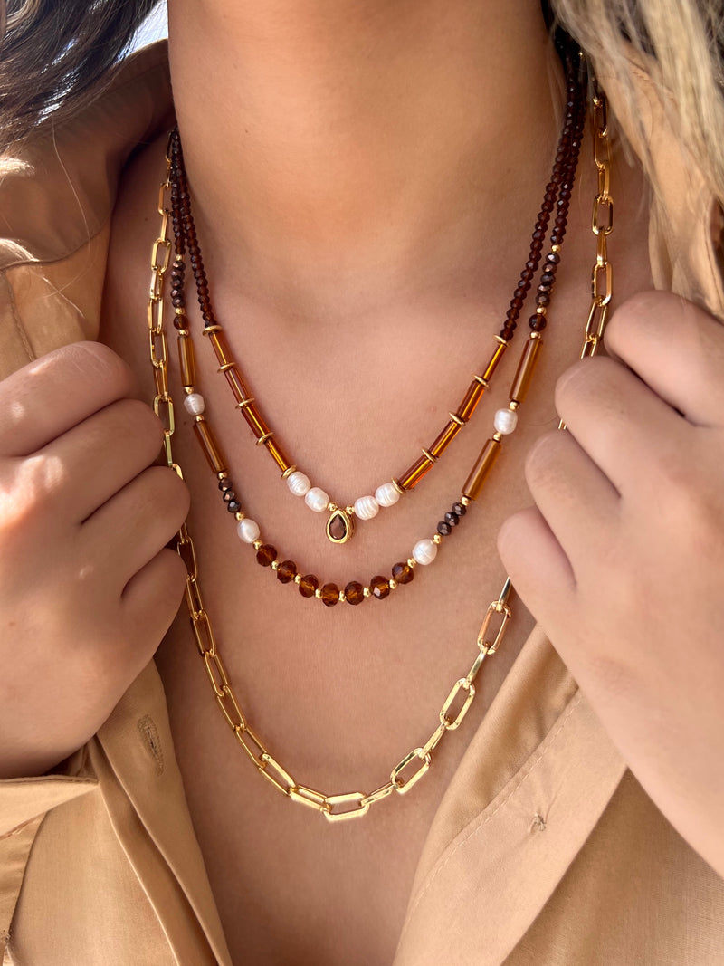 Mix De Colares Carol Cristais Lapidados Marrom Com Corrente Elos Média