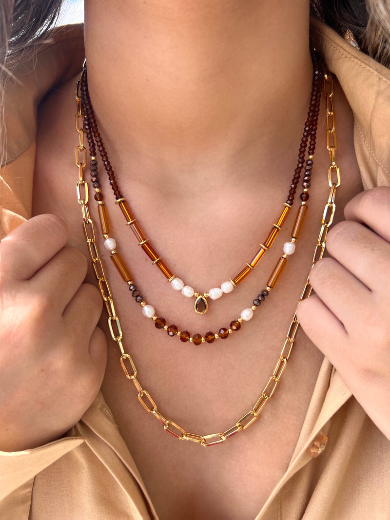 Mix De Colares Carol Cristais Lapidados Marrom Com Corrente Elos Média