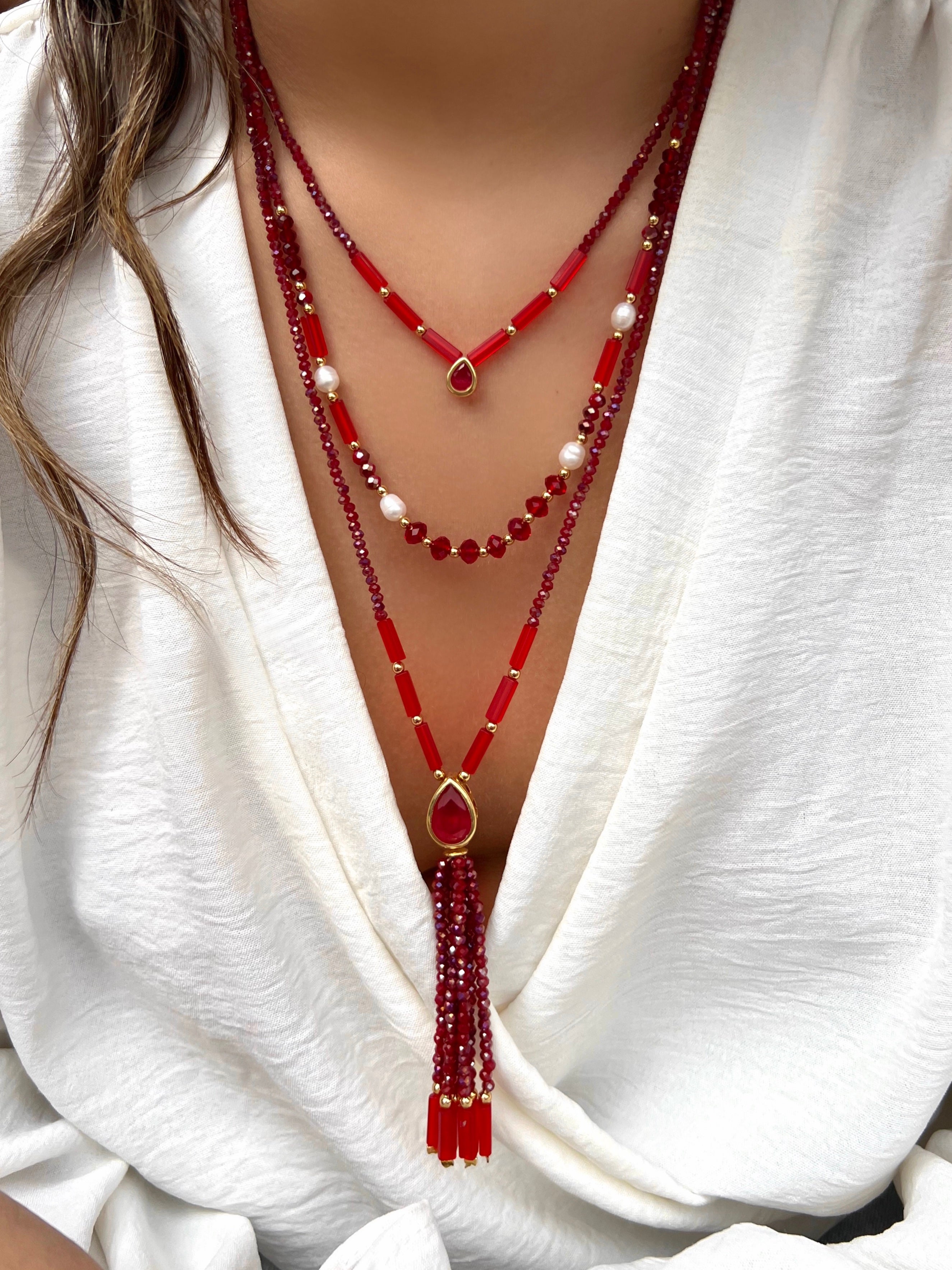 Mix De Colares Carol Cristais Lapidados Vermelho Cherry