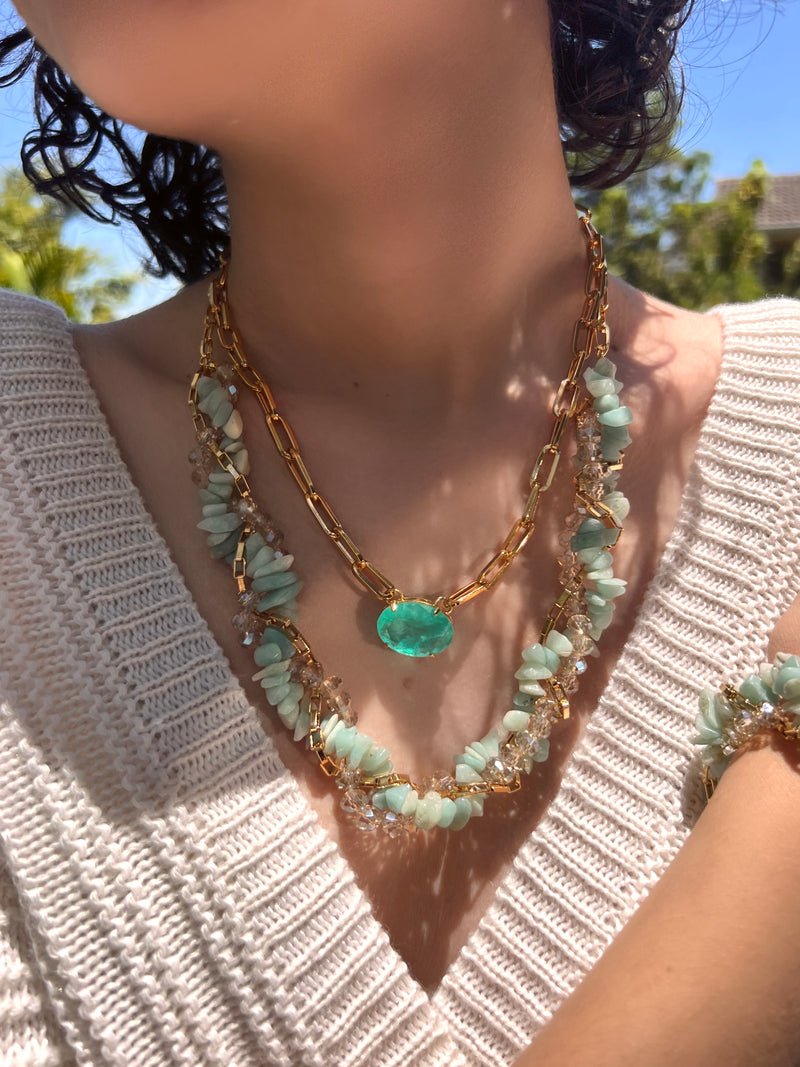 Mix De Colares Cascalho Amazonita E Pedra Fusion Turmalina Paraíba