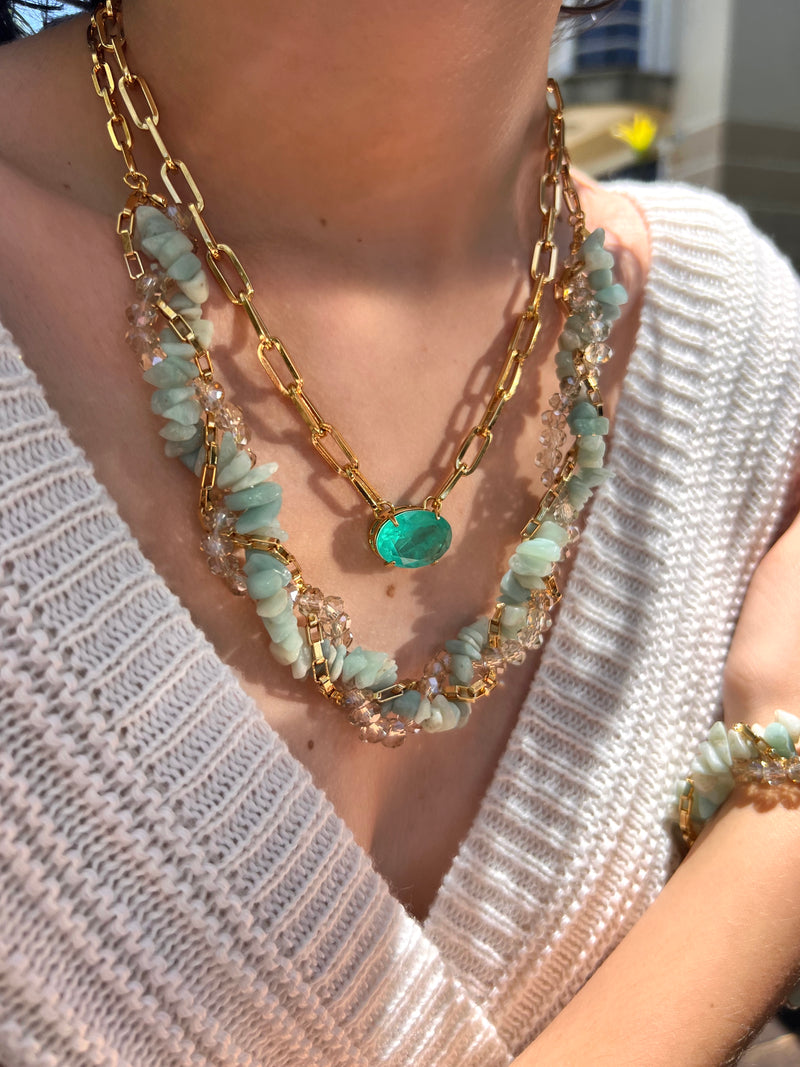 Mix De Colares Cascalho Amazonita E Pedra Fusion Turmalina Paraíba