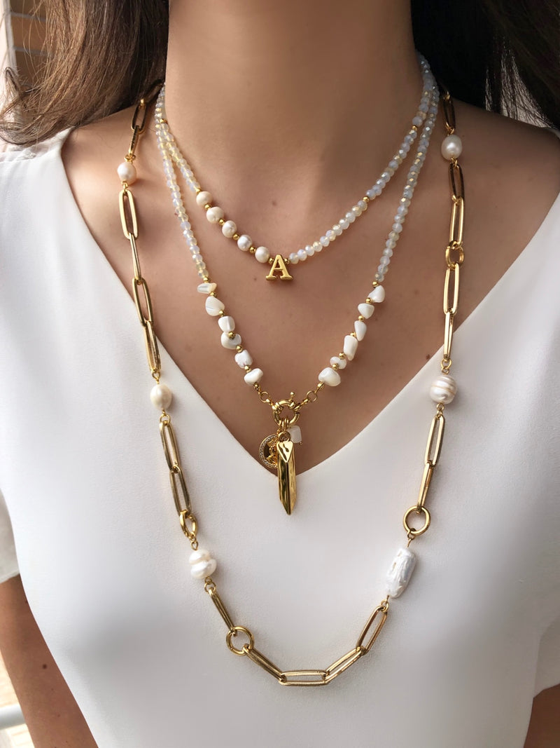 Mix De Colares Cascalho Madre E Pérolas Personalizado Com Letra