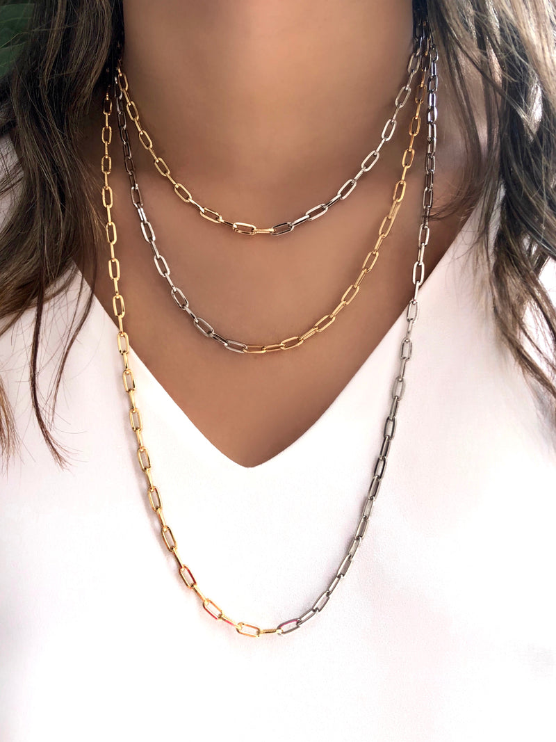 Mix De Colares Corrente Duo Elos Fina Ródio Branco E Ouro