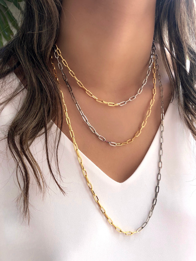 Mix De Colares Corrente Duo Elos Fina Ródio Branco E Ouro