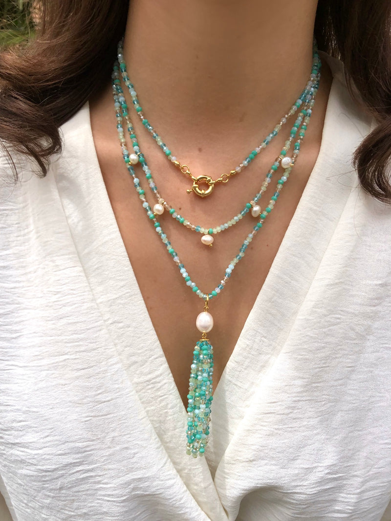 Mix De Colares Cristais Lapidados E Tassel Caribe Com Pérolas Naturais Água Doce