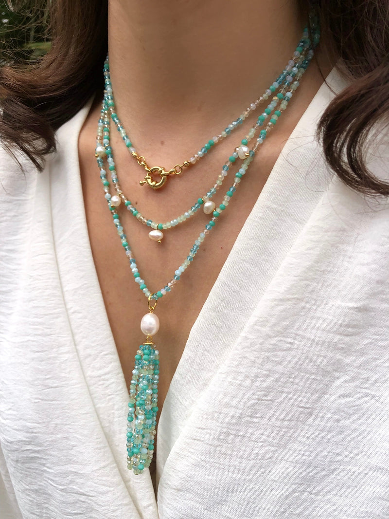 Mix De Colares Cristais Lapidados E Tassel Caribe Com Pérolas Naturais Água Doce