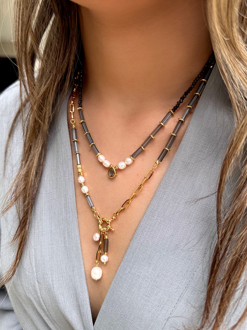 Mix De Colares Isabela Cristais Lapidados Cinza