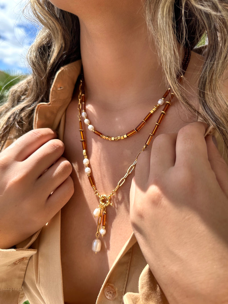 Mix De Colares Isabela Cristais Lapidados Marrom