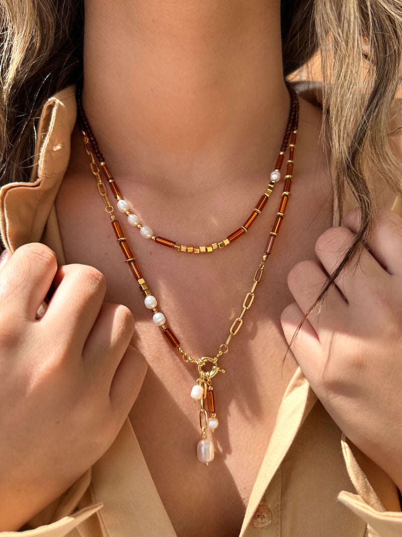 Mix De Colares Isabela Cristais Lapidados Marrom