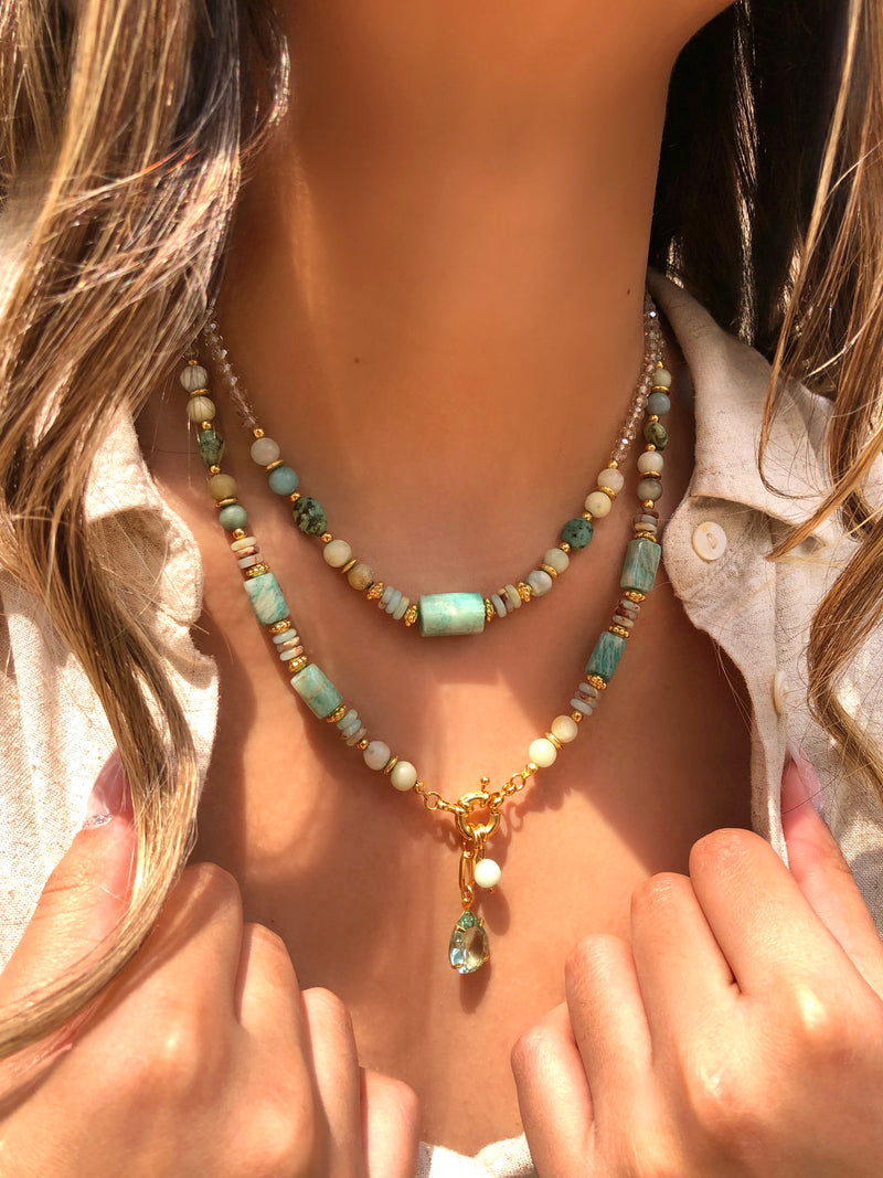 Mix De Dois Colares Natalia Com Pedra Natural Amazonita