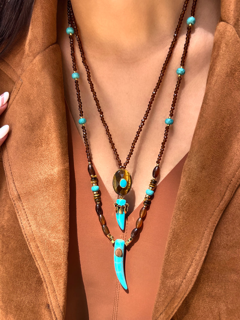 Mix De Dois Colares Olho De Tigre Com Dente Turquesa