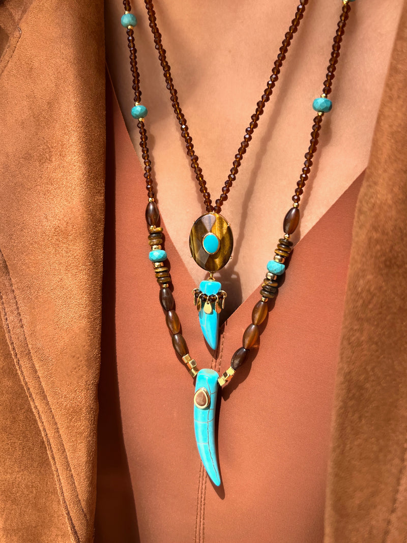 Mix De Dois Colares Olho De Tigre Com Dente Turquesa