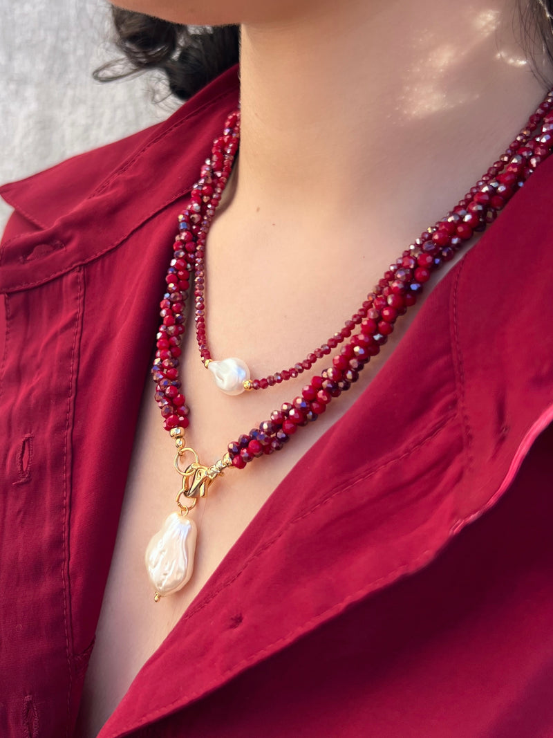 Mix De Colares Pérola Barroca Acrílica E Cristais Vermelho Cherry