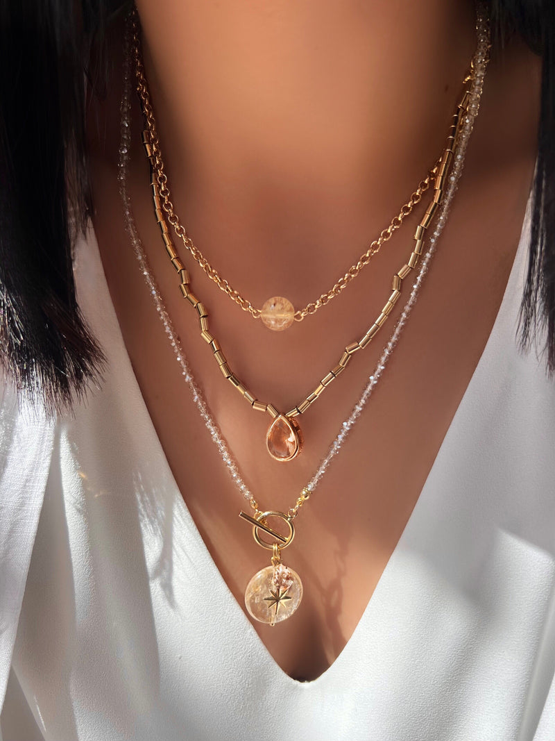 Mix De Colares Quartzo Rutilado E Gota Lapidada Cor Morganita