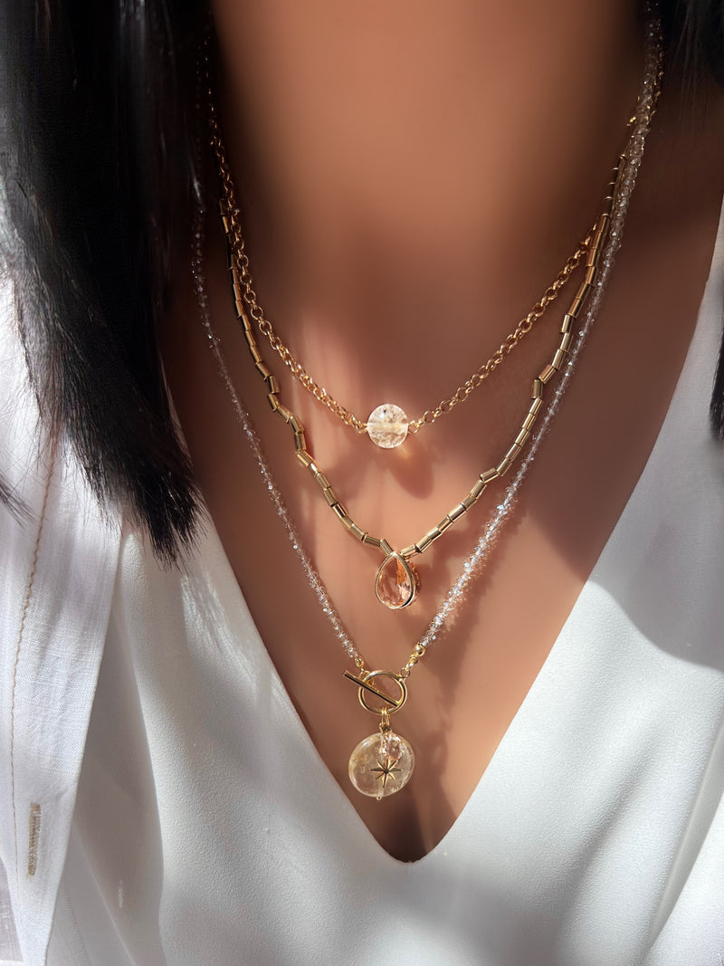 Mix De Colares Quartzo Rutilado E Gota Lapidada Cor Morganita