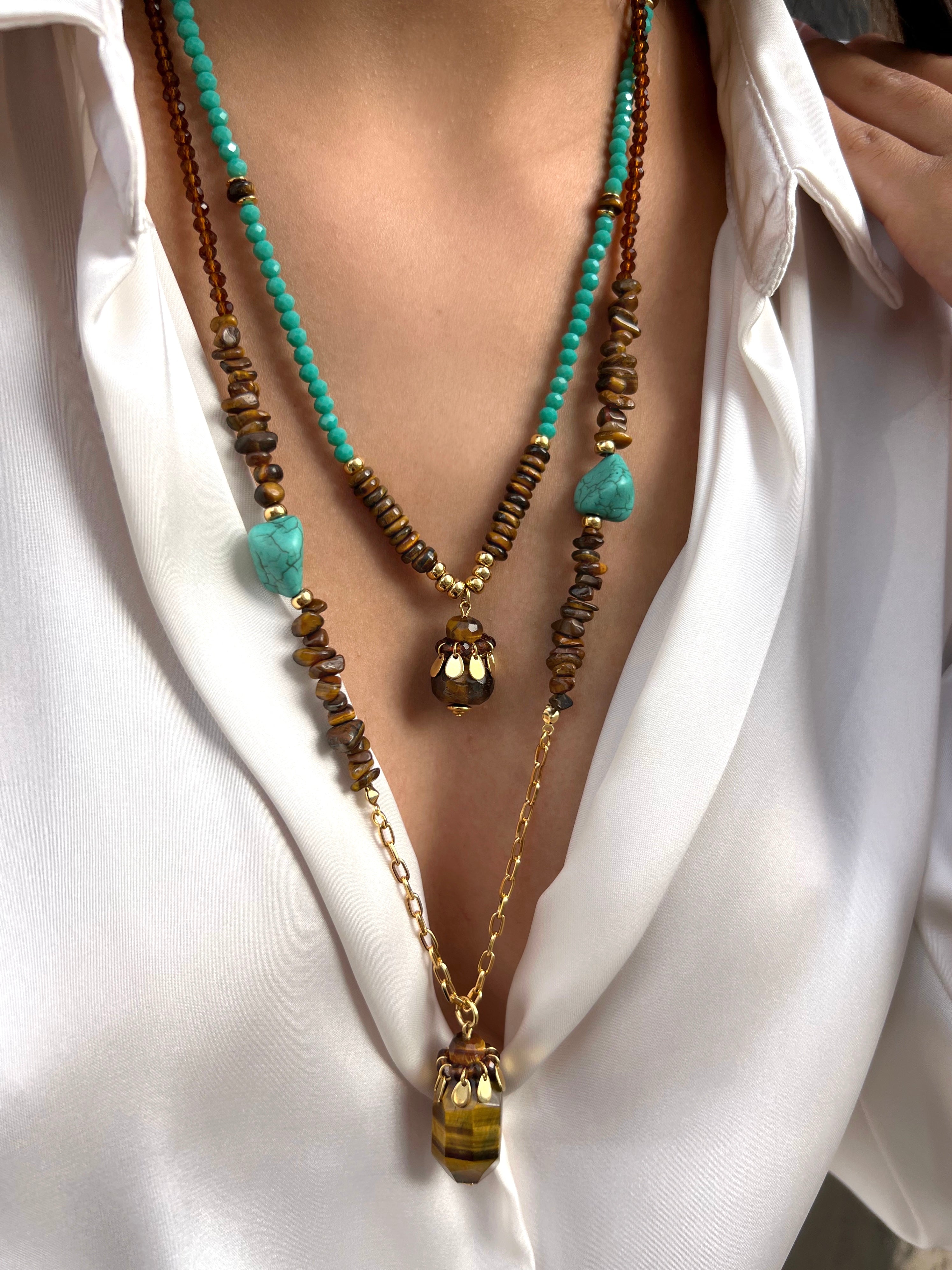 Mix De Colares Turquesa E Marrom Com Pedra Olho De Tigre